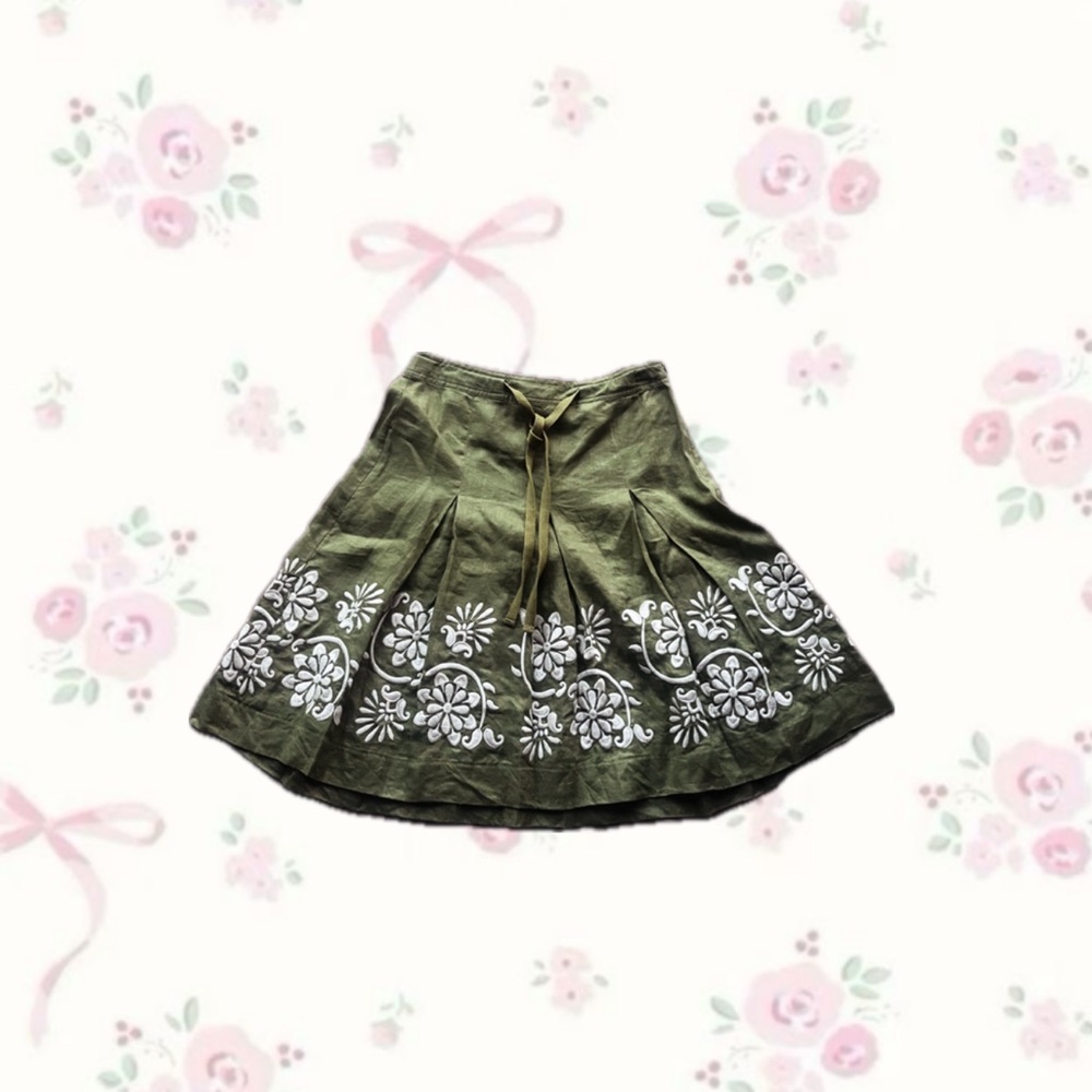 Ann Taylor 100% Linen Pleated Skirt With Embroidery And Drawstring